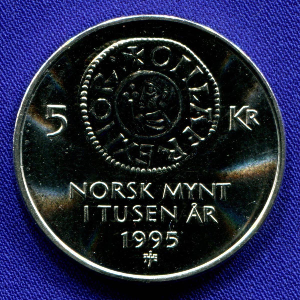Норвегия 5 крон 1995 aUNC 1000 лет чеканке монет  - 26526