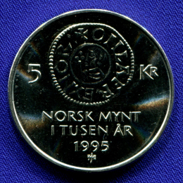 Норвегия 5 крон 1995 aUNC 1000 лет чеканке монет 