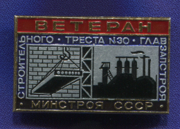 Знак «Строителю ТРЕСТА № 30 ГЛАВЗАПСТРОЯ. Ветеран МИНСТРОЯ СССР ЛМД» Алюминий ЛМД Булавка